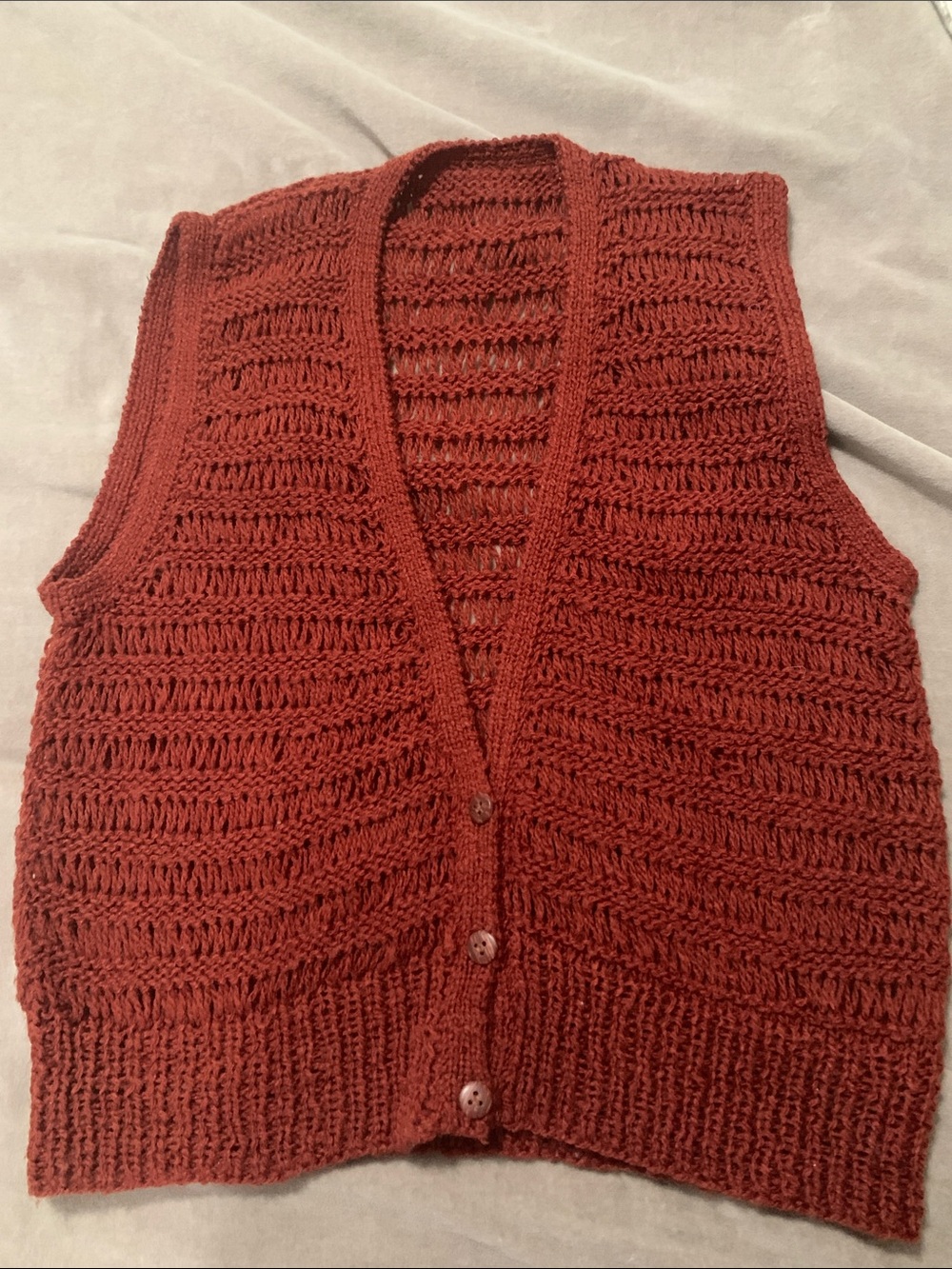 Openwork Knit Button-Front Sweater Vest in Rust